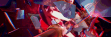 a computer generated image of a person holding a sword in a dark room surrounded by pieces of glass .