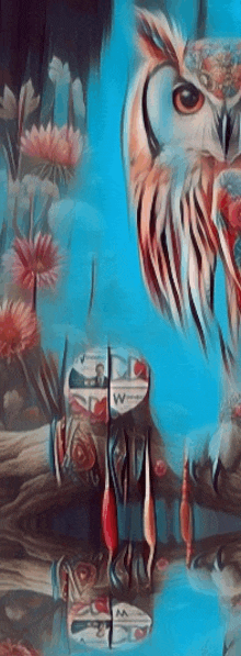 a painting of an owl sitting on a tree branch with flowers in the background