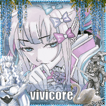 a pixel art of a girl and a knight with the name vivicore