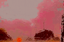 a painting of a pink and orange landscape with a few trees