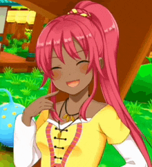a cartoon girl with pink hair and a yellow top is smiling