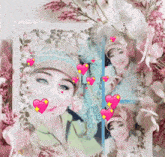 a picture of a woman with hearts around her