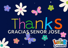 a blue background with flowers and butterflies and the words thanks
