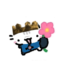 a drawing of a cat wearing a crown holding a flower