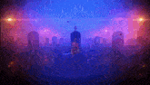 a man playing a guitar in a cemetery with purple and blue lights