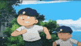 two cartoon boys wearing uniforms and hats are running across a field