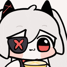 a cartoon drawing of a cat with a red x on its eye