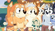 a group of cartoon dogs standing next to each other including a bride and groom