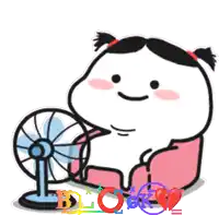 a cartoon character is sitting in a chair with a fan