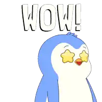 a blue and white penguin with stars in its eyes and the word wow above it