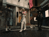 three people dancing in front of a sign that says exit