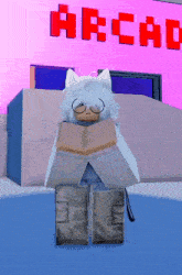 a cartoon character holding a book in front of a building that says acap