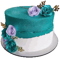 a blue and white cake with purple roses on top