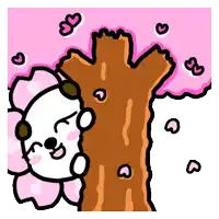 a cartoon drawing of a panda peeking out from behind a tree with pink flowers