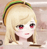 a girl with blonde hair and red eyes is wearing a mask and a hamburger hat