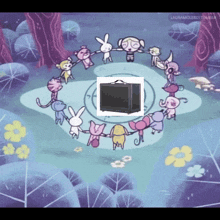 a group of cartoon characters are holding hands in a circle around a marshall amplifier