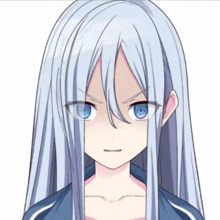a girl with long white hair and blue eyes has a serious look on her face