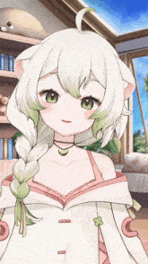 a girl with white hair and green eyes is standing in front of a bookshelf