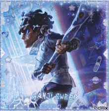 a picture of a man holding a sword with the words ' ganji sweep ' written on it