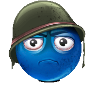a blue smiley face with a military helmet on it