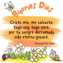 a drawing of flowers and a ladybug with the words buenos dias written on it