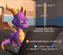 a purple dragon with horns is standing in front of a laptop and says " you 're how old "