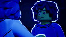 a lego character with a sad look on his face stands next to a woman