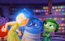 a group of cartoon characters standing next to each other including joy and disgust