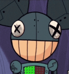 a close up of a cartoon character 's face with an x on the eyes