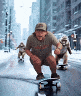 a man wearing a t-shirt that says ' l' ough big ' on it is riding a skateboard