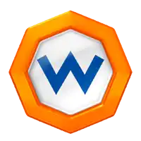 a blue and white circle with the letter w in the center