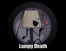 a cartoon lamp is screaming with the words lampy death below it .