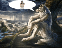 a painting of a werewolf sitting under a tree with a woman in the background