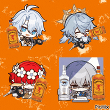a bottle of fireball is surrounded by cartoon characters