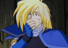 a cartoon character with blonde hair and blue gloves covering his mouth