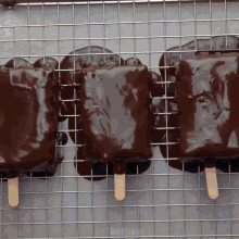 a row of chocolate covered ice cream bars are sitting on a cooling rack