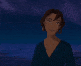 a cartoon woman in a blue shirt is smiling in front of a dark blue sky