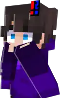 a minecraft character with a purple hoodie and a red and blue logo on his head
