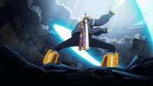 a cartoon character holding a sword with the letter s on the back