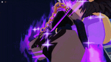 a purple background with a cartoon character holding a chain