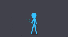 a blue stick figure is holding a sword in his hand .