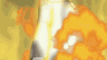 a cartoon character is standing in front of a yellow background with fire coming out of his chest .