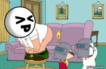 a cartoon of a man sitting on a stool with a circle with the letter vp on it