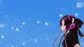 a girl wearing headphones stands in front of a blue sky with the words " tokiwa no ego " on the bottom right