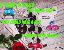 a picture of a girl in a red car with the words " it should be called the bugle car "