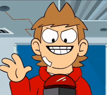 a cartoon character wearing a red hoodie is smiling and holding a microphone