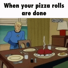a cartoon of a man sitting at a table with pizza rolls