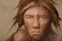 a close up of a person 's face with blue eyes and brown hair