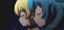 a blonde anime girl is singing into a microphone with headphones on .