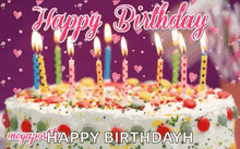 a birthday cake with candles and sprinkles and the words `` happy birthday '' written on it